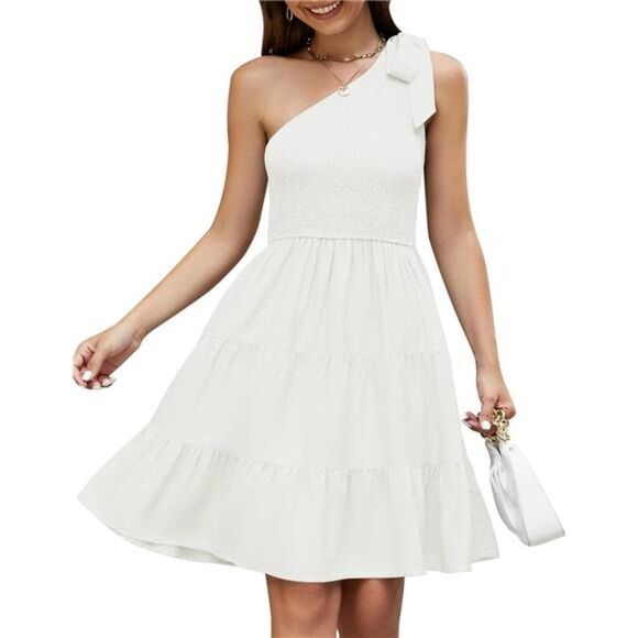 Summer Boho One Shoulder Smocked Tiered Ruffle A-line Mini Dress - Picture 1 of 6